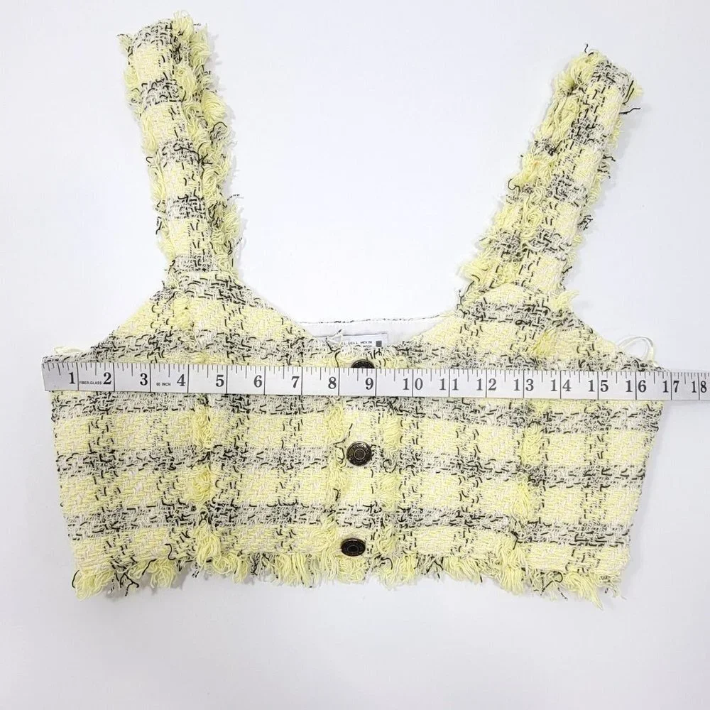 Y2K Zara Womens Crop Top Size L Yellow Black Plaid Frayed Preppy Popstar Bratz - Picture 6 of 14
